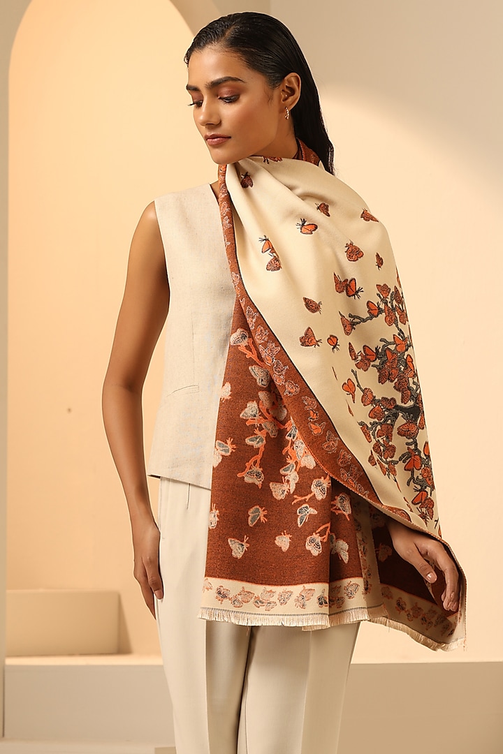 Cream & Orange Vegan Cashmere Woven Stole by DUSALA  ACCESSORIES at Pernia's Pop Up Shop