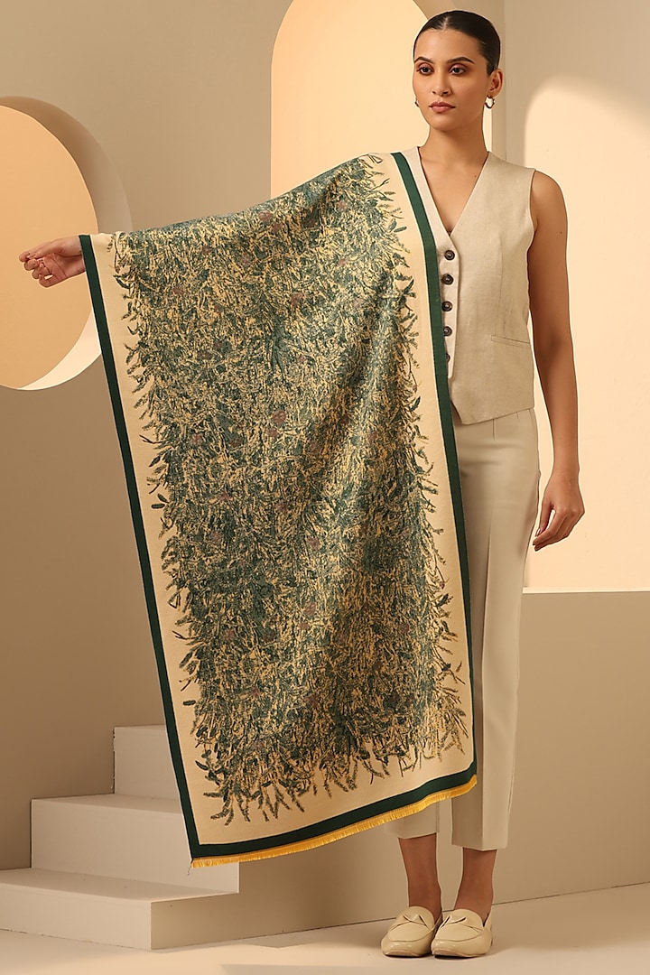 Cream & Green Vegan Cashmere Woven Stole by DUSALA  ACCESSORIES