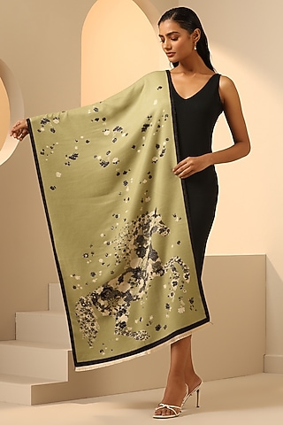 Pista Green Vegan Cashmere Woven Stole by DUSALA  ACCESSORIES