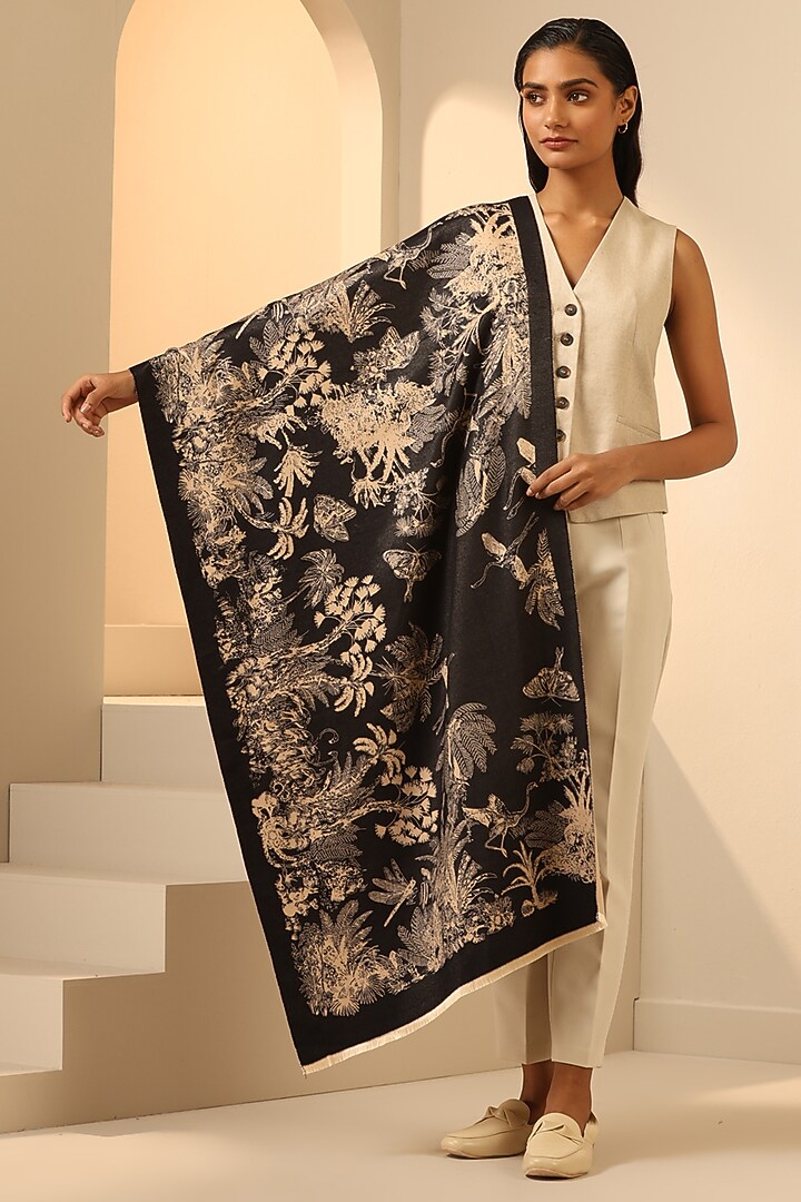 Cream & Black Vegan Cashmere Woven Stole by DUSALA  ACCESSORIES at Pernia's Pop Up Shop
