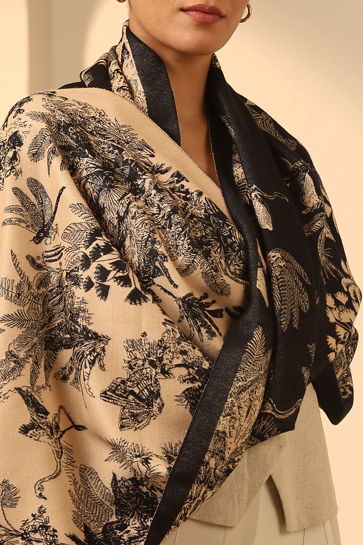 Cream & Black Vegan Cashmere Woven Stole by DUSALA  ACCESSORIES at Pernia's Pop Up Shop