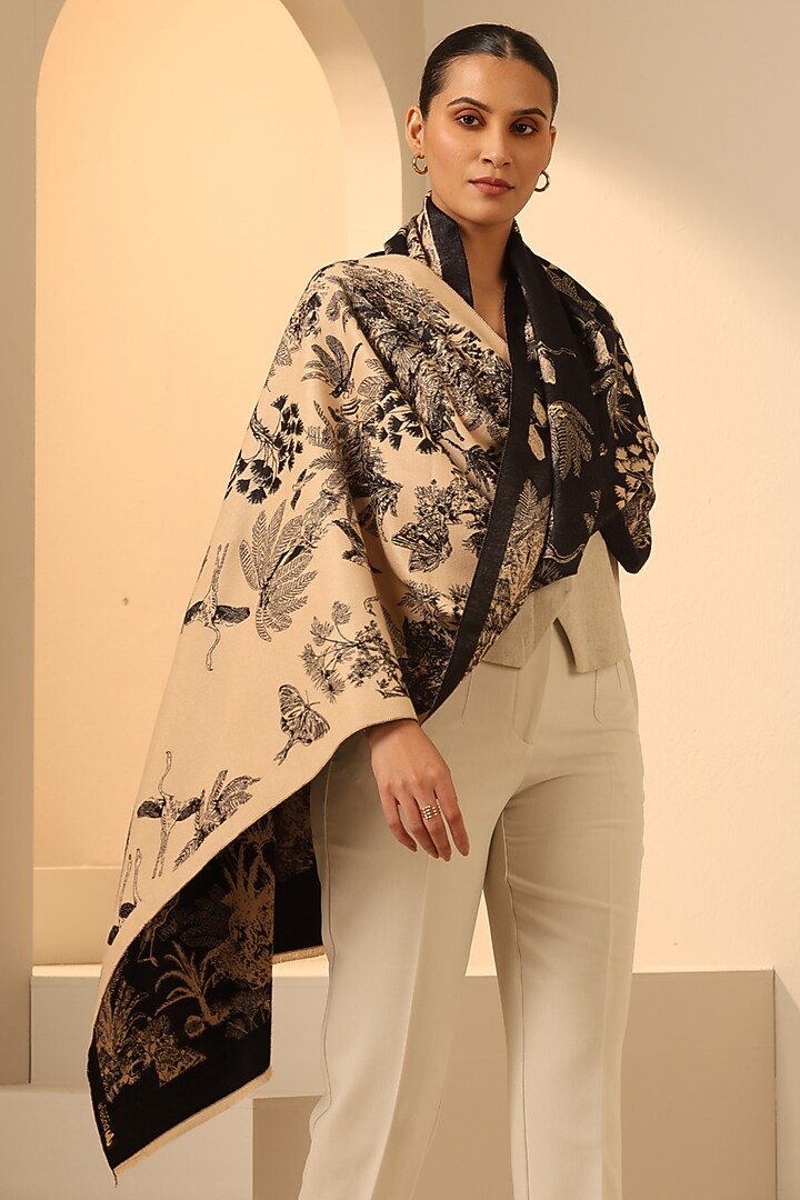 Cream & Black Vegan Cashmere Woven Stole by DUSALA  ACCESSORIES at Pernia's Pop Up Shop
