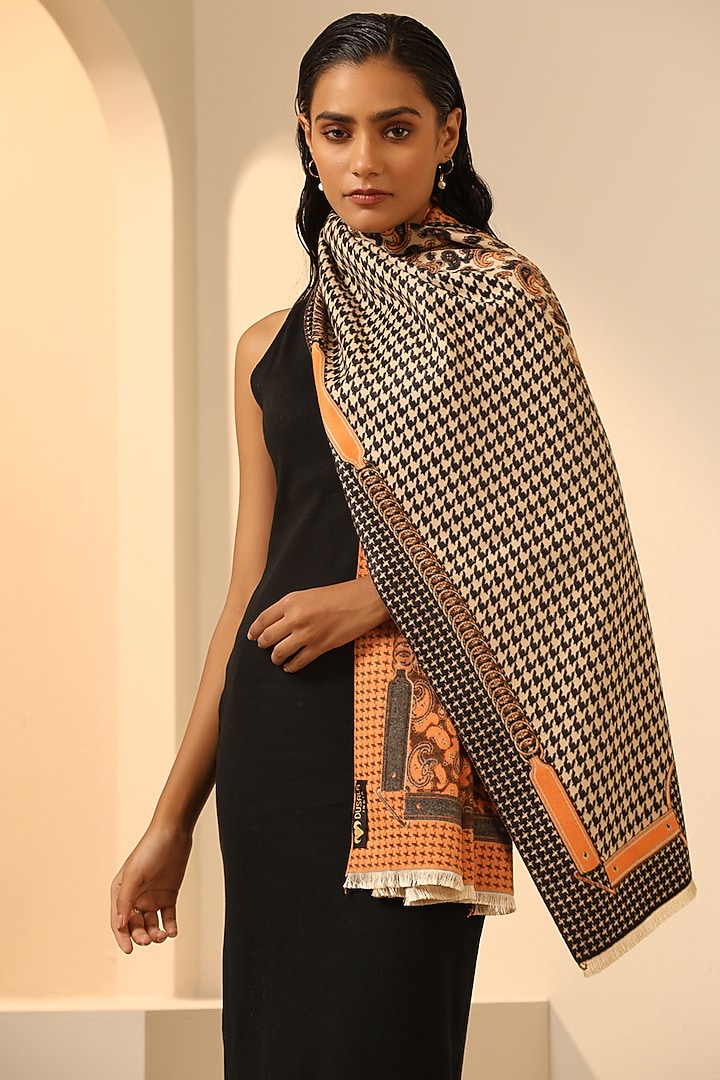 Black & Orange Vegan Cashmere Woven Stole by DUSALA  ACCESSORIES at Pernia's Pop Up Shop