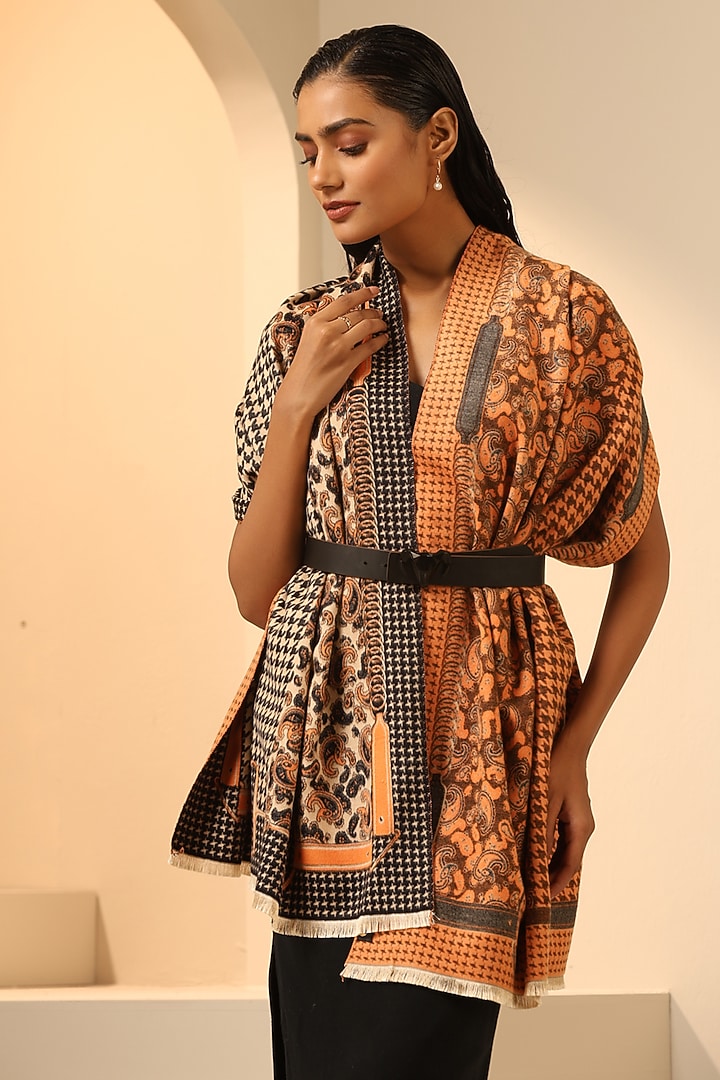 Black & Orange Vegan Cashmere Woven Stole by DUSALA  ACCESSORIES at Pernia's Pop Up Shop