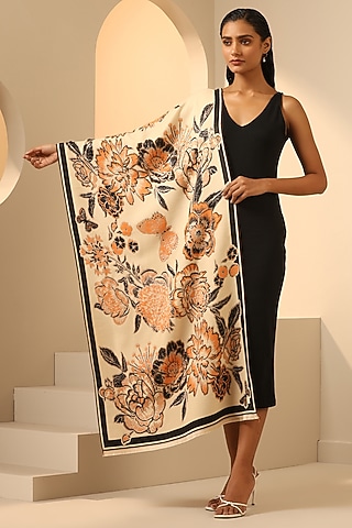 Cream & Orange Vegan Cashmere Woven Stole by DUSALA  ACCESSORIES