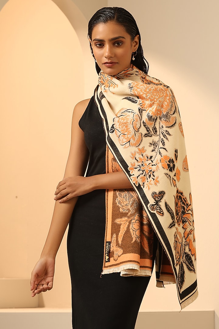Cream & Orange Vegan Cashmere Woven Stole by DUSALA  ACCESSORIES at Pernia's Pop Up Shop