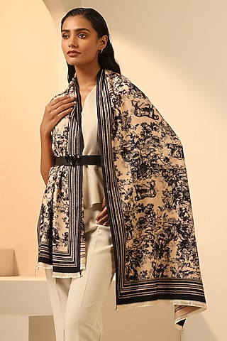 Cream & Black Vegan Cashmere Woven Stole by DUSALA  ACCESSORIES