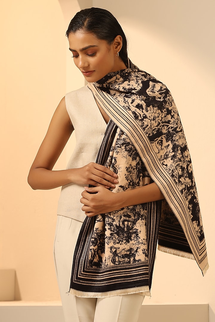 Cream & Black Vegan Cashmere Woven Stole by DUSALA  ACCESSORIES at Pernia's Pop Up Shop