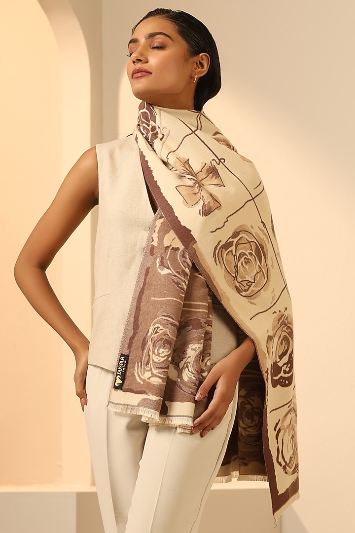 Cream & Brown Vegan Cashmere Woven Stole by DUSALA  ACCESSORIES at Pernia's Pop Up Shop