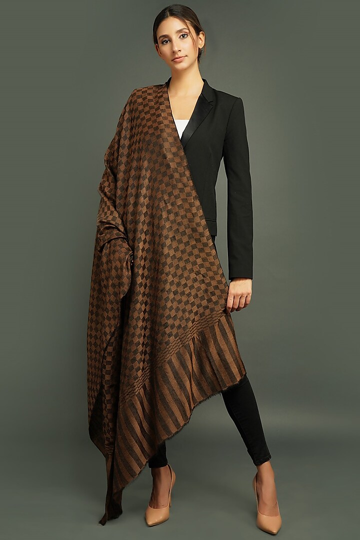 Brown Checkered Handwoven Shawl by DUSALA  ACCESSORIES