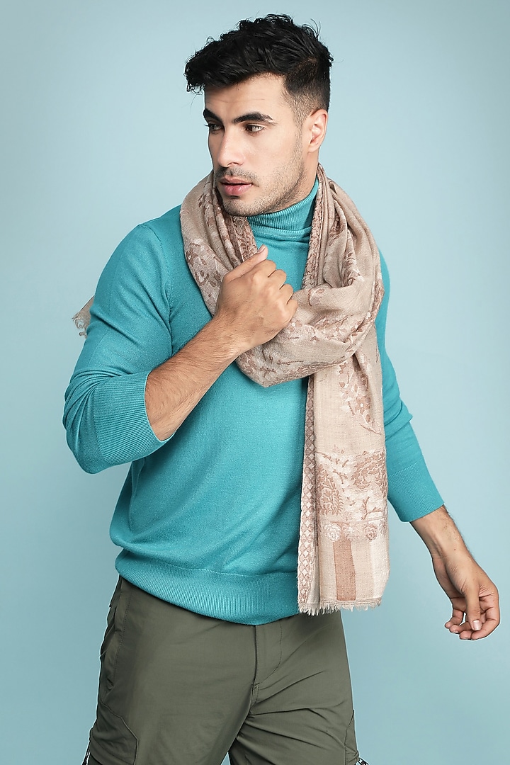 Beige Cashmere Fine Wool Handmade Stole by Dusala Men at Pernia's Pop Up Shop