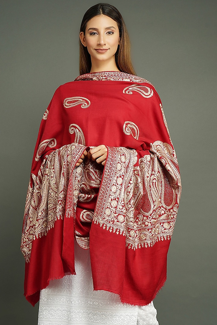 Red Aari Embroidered Shawl by DUSALA  ACCESSORIES