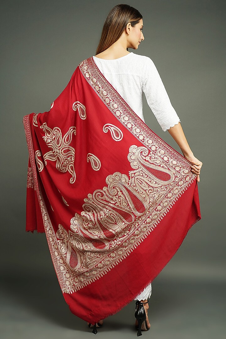Red Aari Embroidered Shawl by DUSALA ACCESSORIES at Pernia's Pop Up Shop