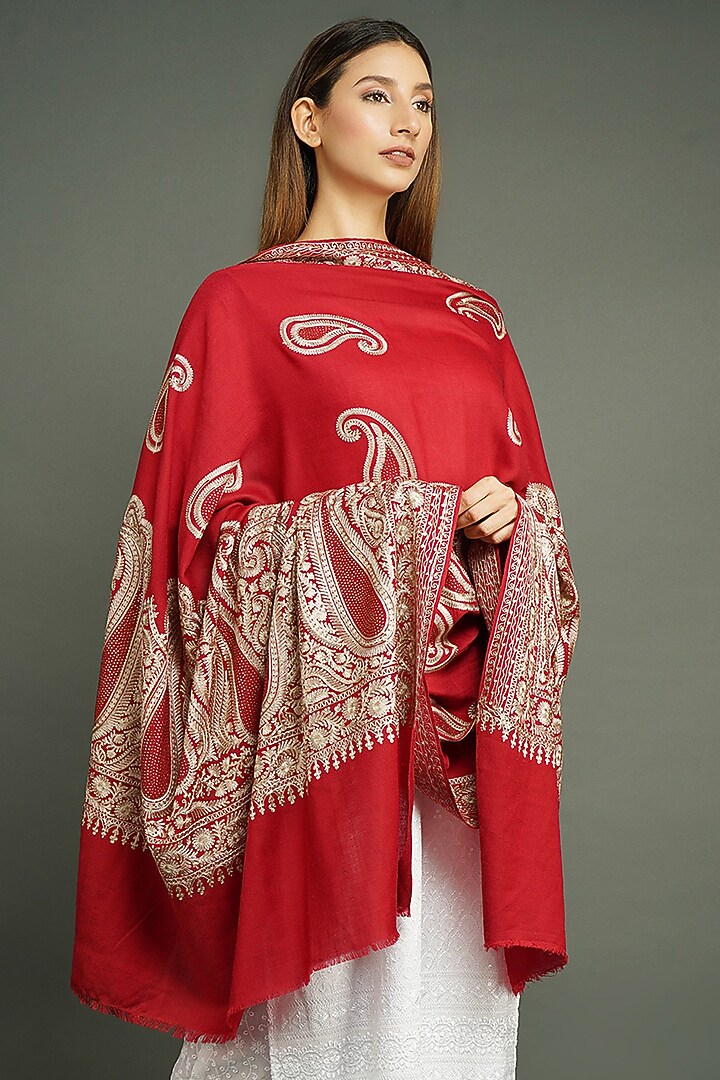 Red Aari Embroidered Shawl by DUSALA ACCESSORIES at Pernia's Pop Up Shop