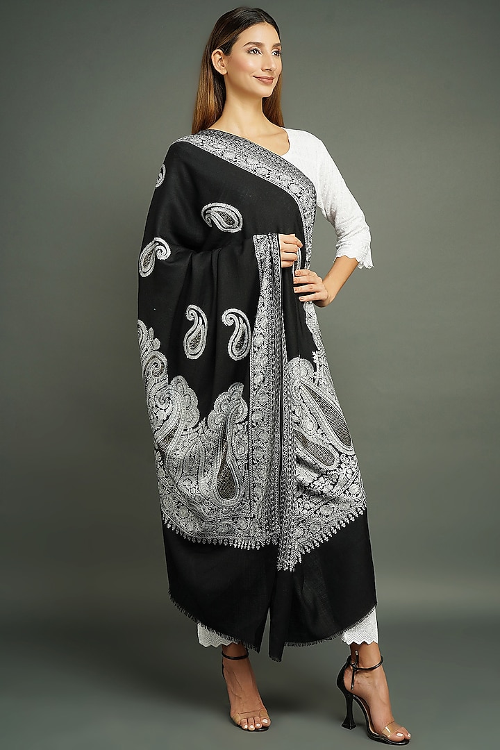 Black Embroidered Shawl by DUSALA  ACCESSORIES at Pernia's Pop Up Shop