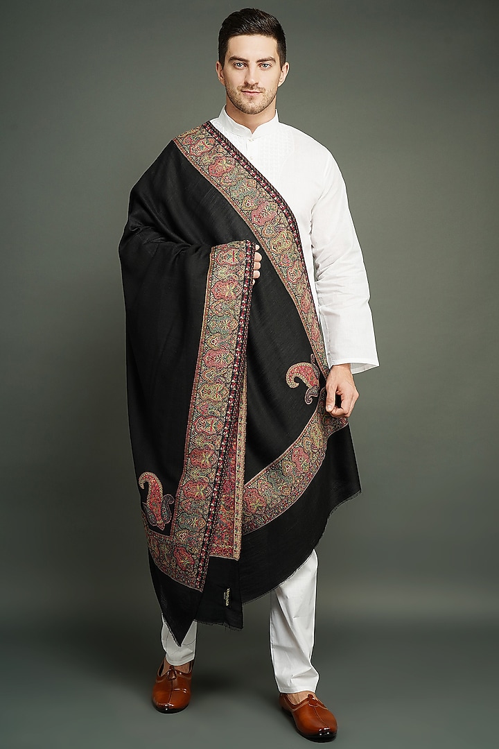 Black Pashmina Wool Shawl by Dusala Men
