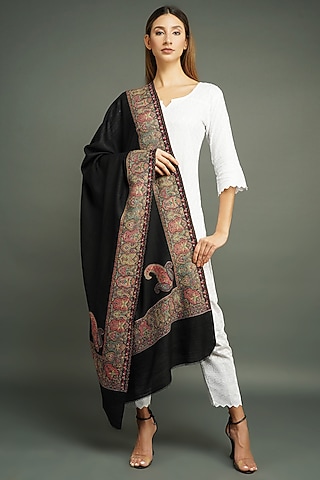 Black Pashmina Wool Shawl by DUSALA  ACCESSORIES