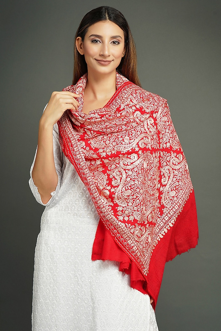 Red Pashmina Shawl With Resham Work by DUSALA  ACCESSORIES