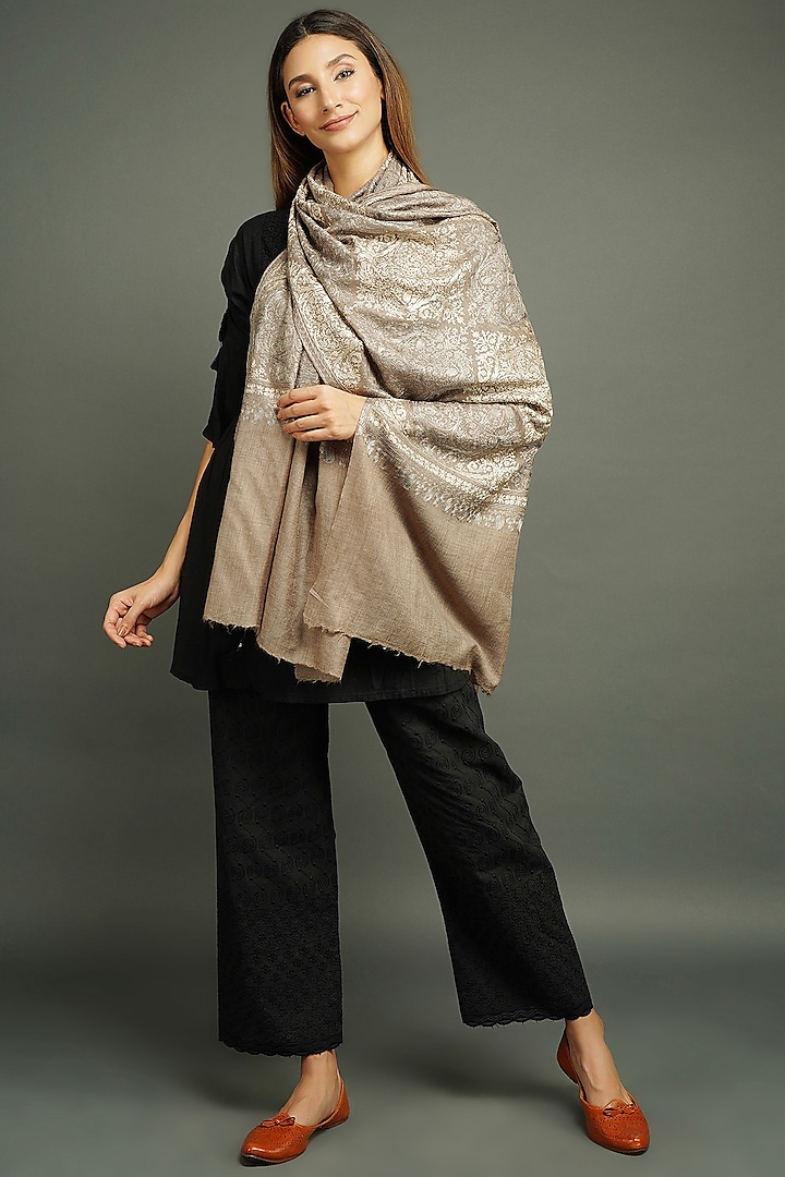 Grey Stole With Resham Work by DUSALA ACCESSORIES at Pernia's Pop Up Shop