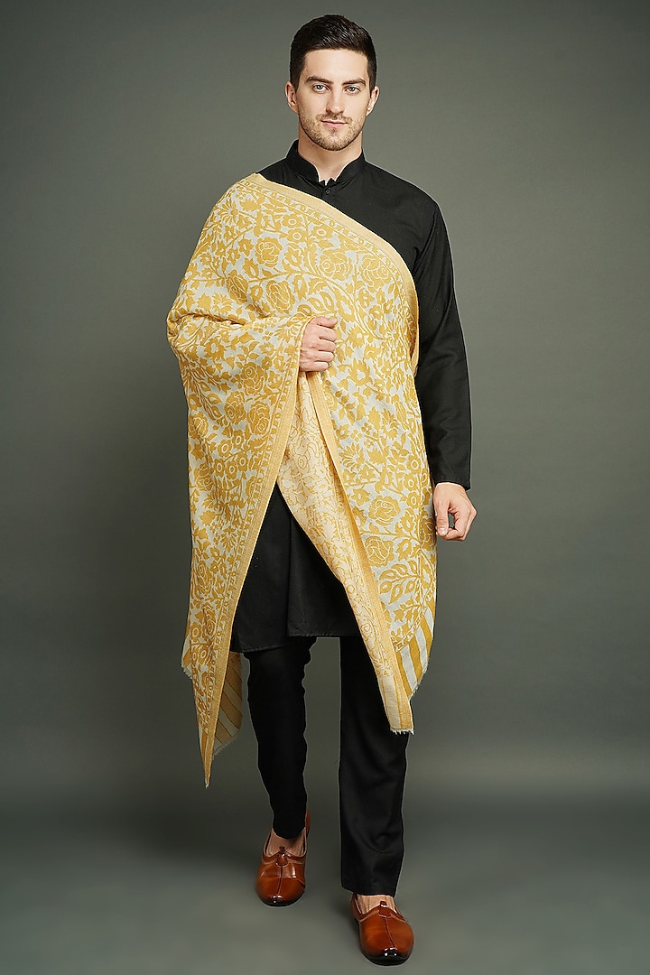 Yellow Cashmere Fine Wool Stole by Dusala Men