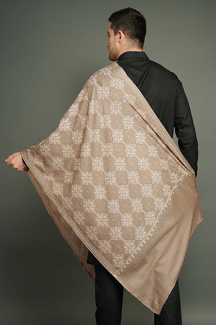Grey Hand Embroidered Stole by Dusala Men at Pernia's Pop Up Shop