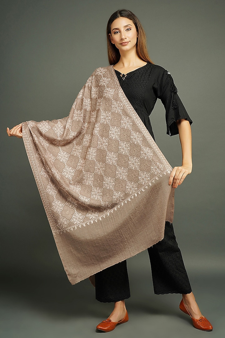 Grey Hand Embroidered Stole by DUSALA ACCESSORIES at Pernia's Pop Up Shop