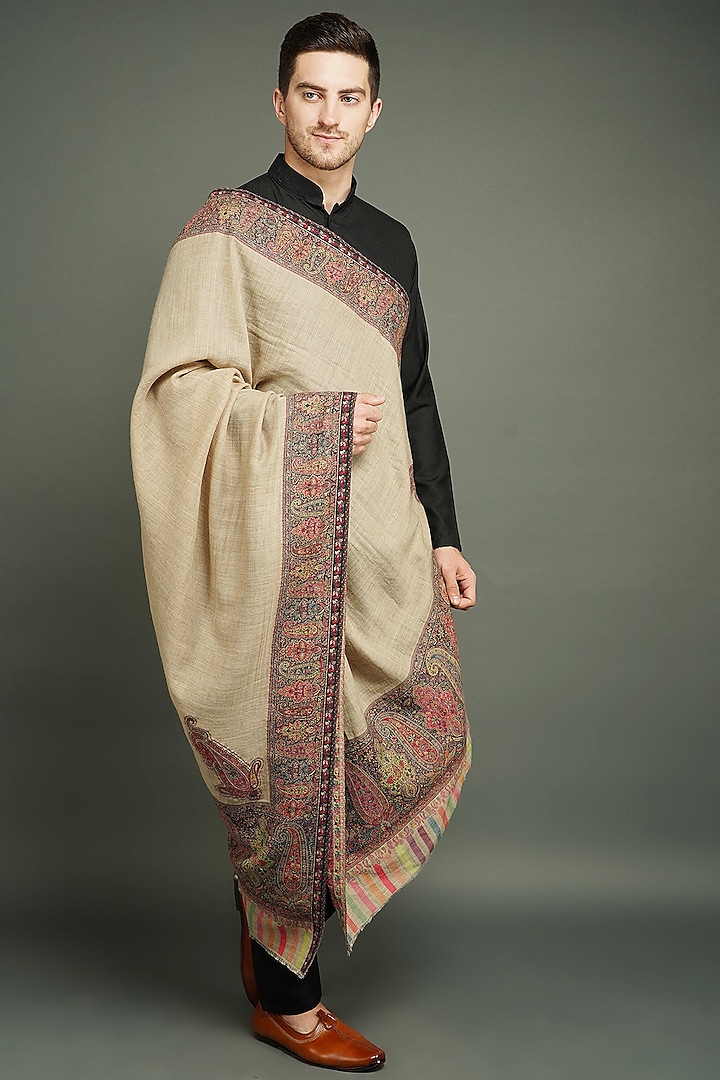 Beige Pashmina Wool Shawl by Dusala Men