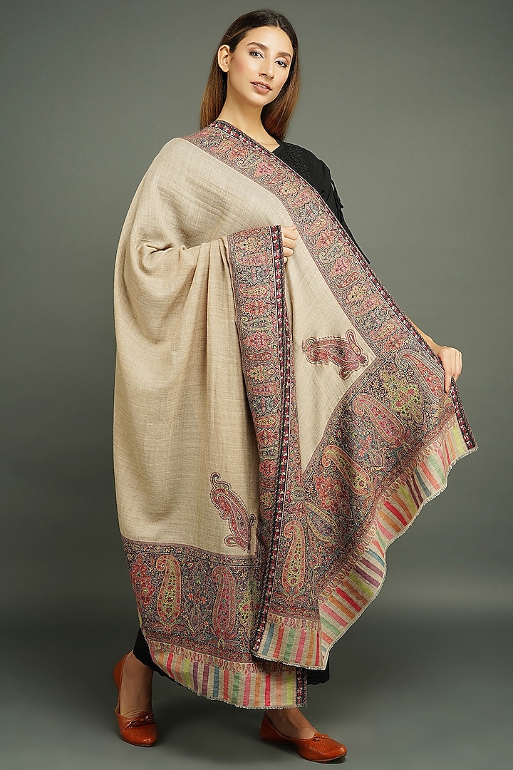 Beige Pashmina Wool Shawl by DUSALA  ACCESSORIES