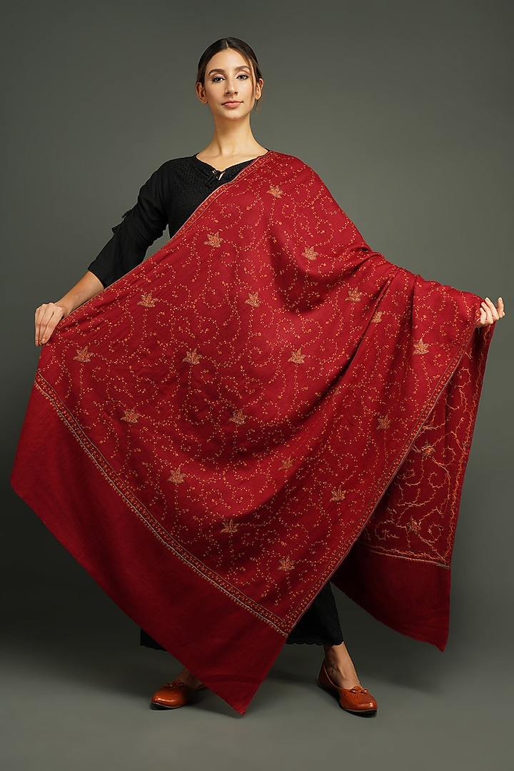 Deep Red Hand Embroidered Shawl by DUSALA  ACCESSORIES