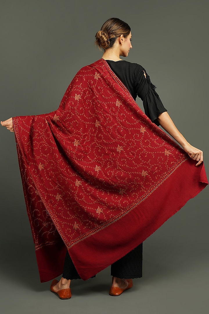 Deep Red Hand Embroidered Shawl by DUSALA ACCESSORIES at Pernia's Pop Up Shop