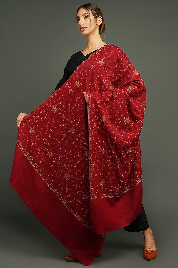 Deep Red Hand Embroidered Shawl by DUSALA ACCESSORIES at Pernia's Pop Up Shop