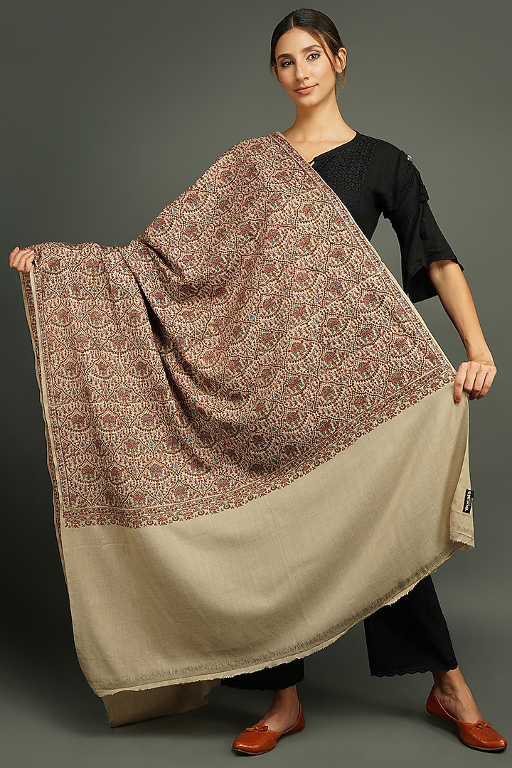 Beige Pashmina Wool Shawl by DUSALA  ACCESSORIES at Pernia's Pop Up Shop