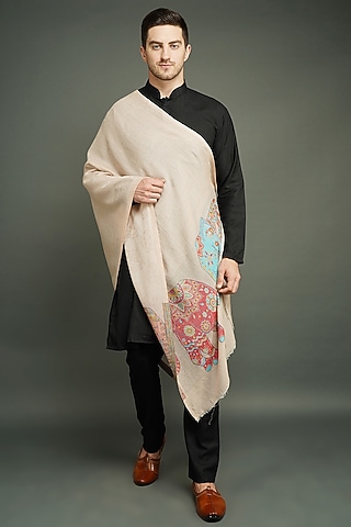 Light Beige Cashmere Fine Wool Stole by Dusala Men