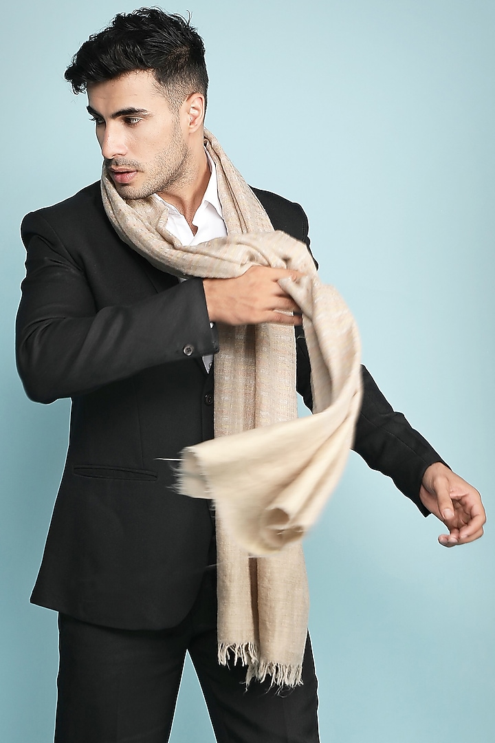 Beige Pashmina Handwoven Stole by Dusala Men at Pernia's Pop Up Shop