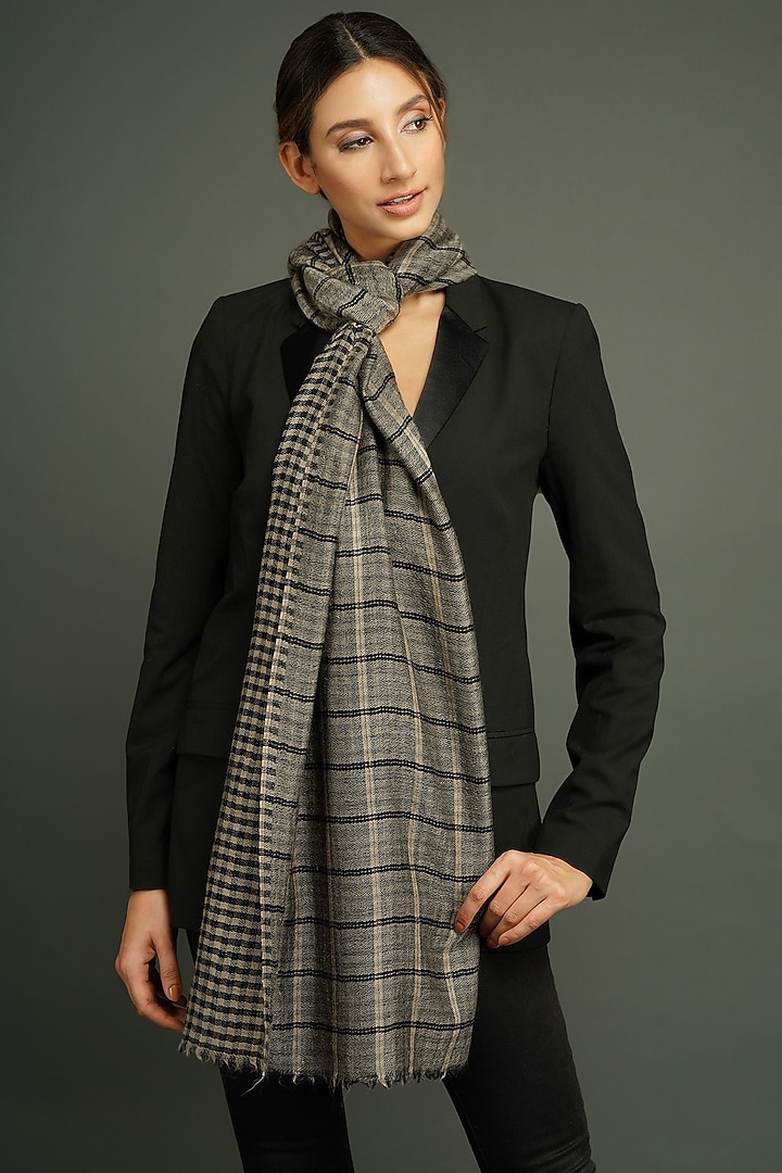 Black Cashmere Fine Wool Checkered Stole by DUSALA ACCESSORIES at Pernia's Pop Up Shop