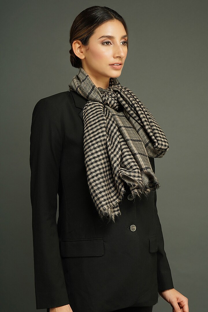 Black Cashmere Fine Wool Checkered Stole by DUSALA ACCESSORIES at Pernia's Pop Up Shop