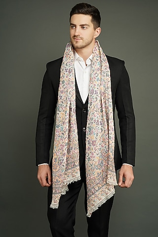 White Cashmere Fine Wool Paisley Stole by Dusala Men