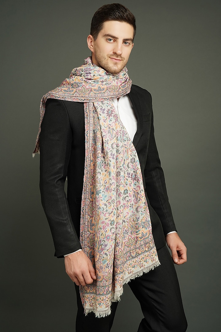 White Cashmere Fine Wool Paisley Stole by Dusala Men at Pernia's Pop Up Shop
