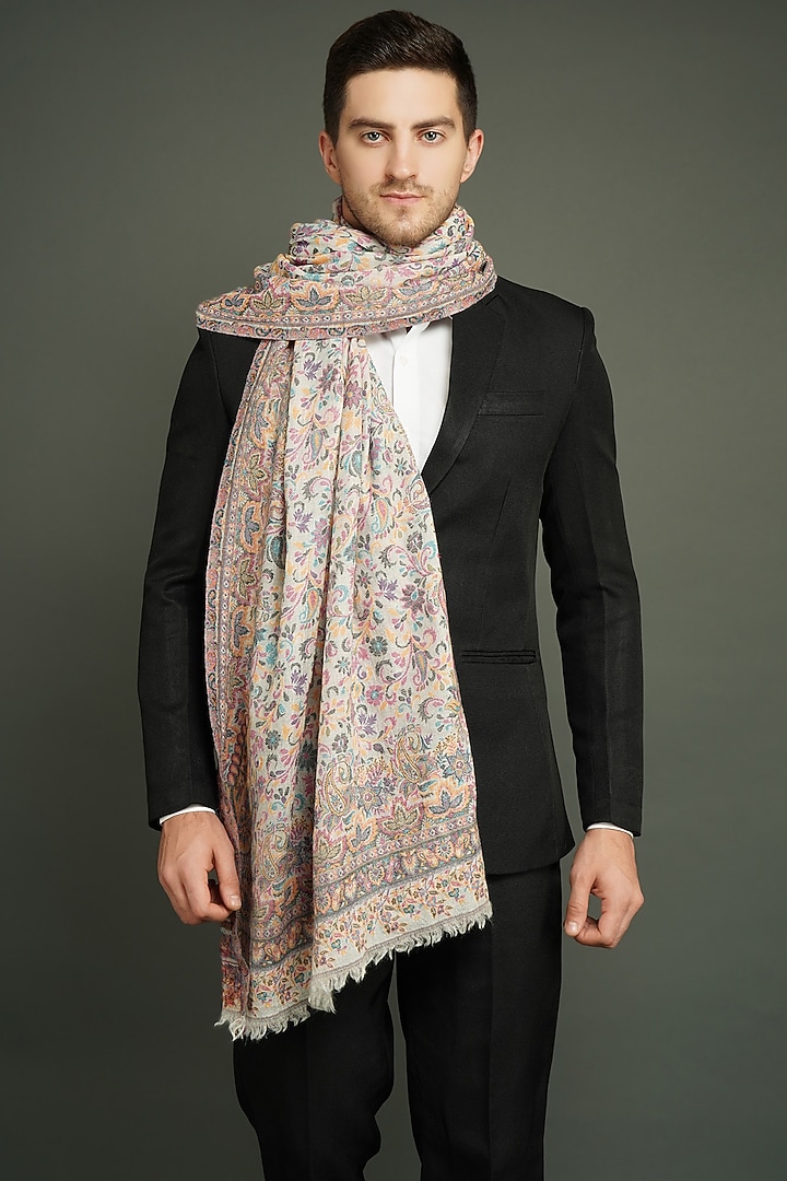 White Cashmere Fine Wool Paisley Stole by Dusala Men at Pernia's Pop Up Shop