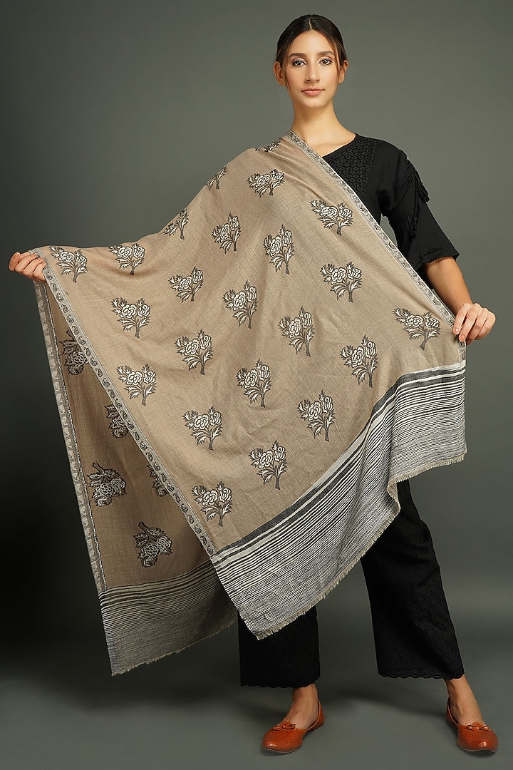 Beige Pashmina Floral Stole by DUSALA ACCESSORIES at Pernia's Pop Up Shop