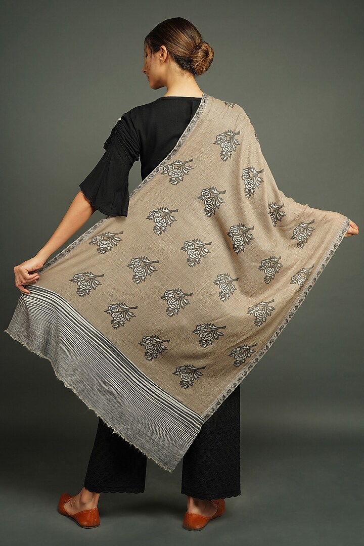 Beige Pashmina Floral Stole by DUSALA ACCESSORIES at Pernia's Pop Up Shop