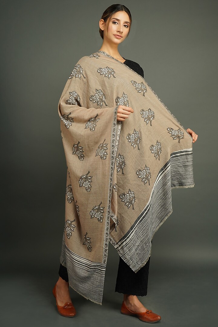 Beige Pashmina Floral Stole by DUSALA ACCESSORIES at Pernia's Pop Up Shop