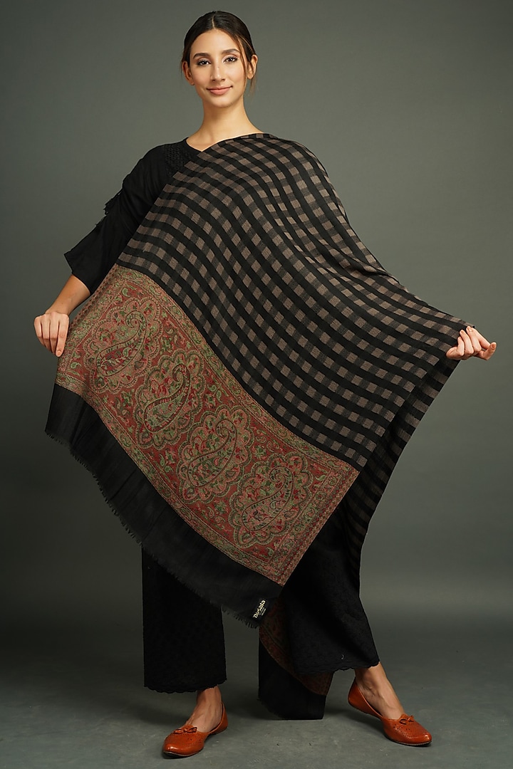 Black Checkered & Paisley Stole by DUSALA  ACCESSORIES