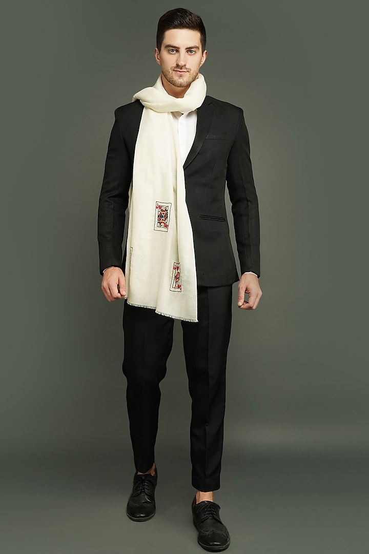 White Sequins Handwoven Stole by Dusala Men