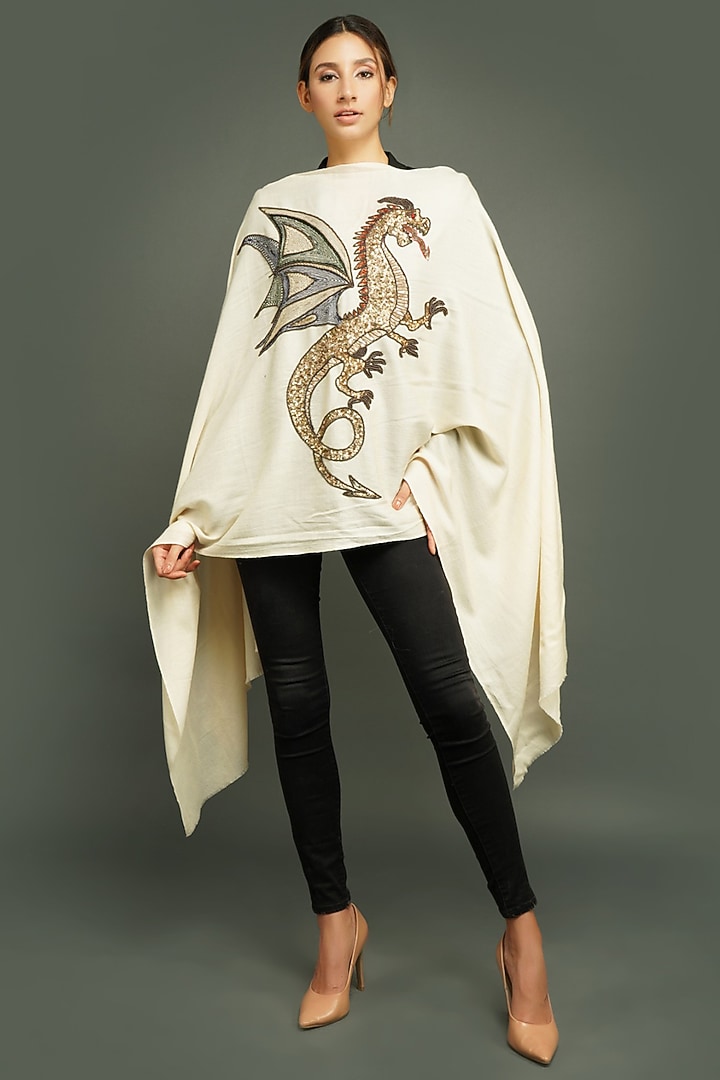 White Handwoven Stole With Thread Work by DUSALA  ACCESSORIES at Pernia's Pop Up Shop