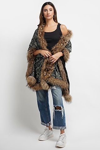 Black Pashmina & Fur Stole by DUSALA  ACCESSORIES