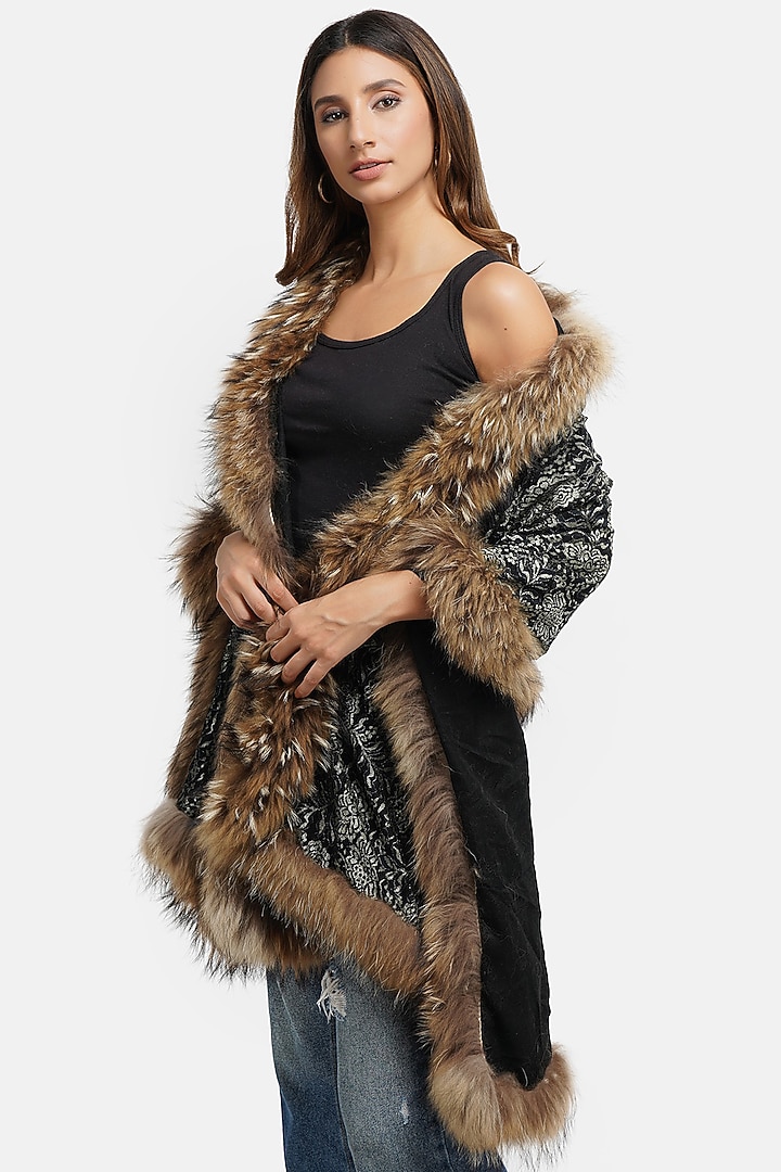 Black Pashmina & Fur Stole by DUSALA ACCESSORIES at Pernia's Pop Up Shop