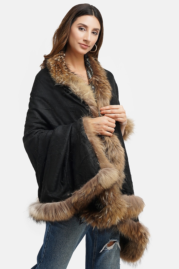 Black Pashmina Blend & Fur Stole by DUSALA ACCESSORIES at Pernia's Pop Up Shop