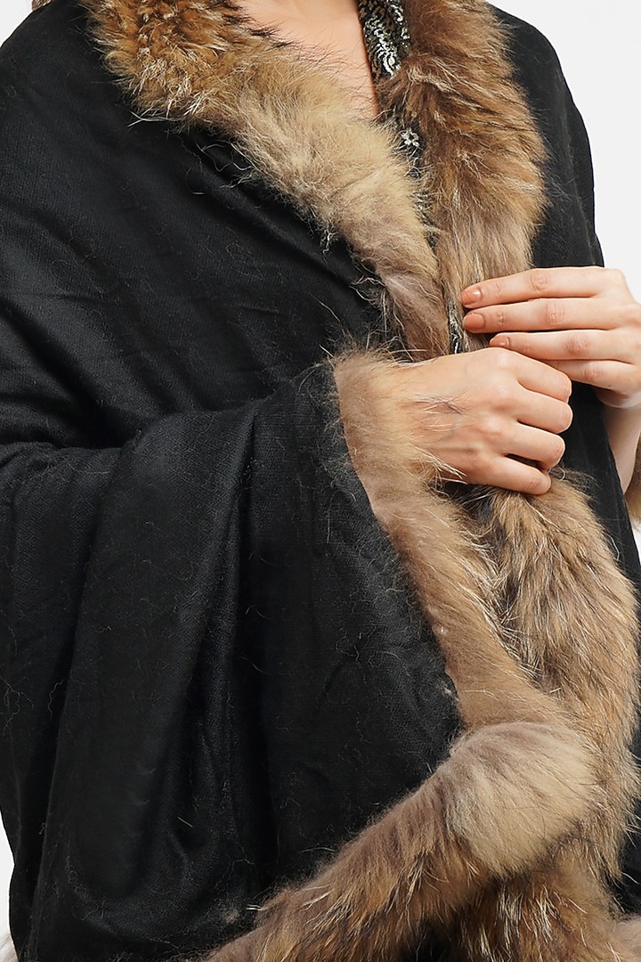 Black Pashmina Blend & Fur Stole by DUSALA ACCESSORIES at Pernia's Pop Up Shop