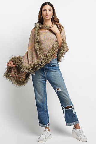 Beige Pashmina & Fur Stole by DUSALA  ACCESSORIES